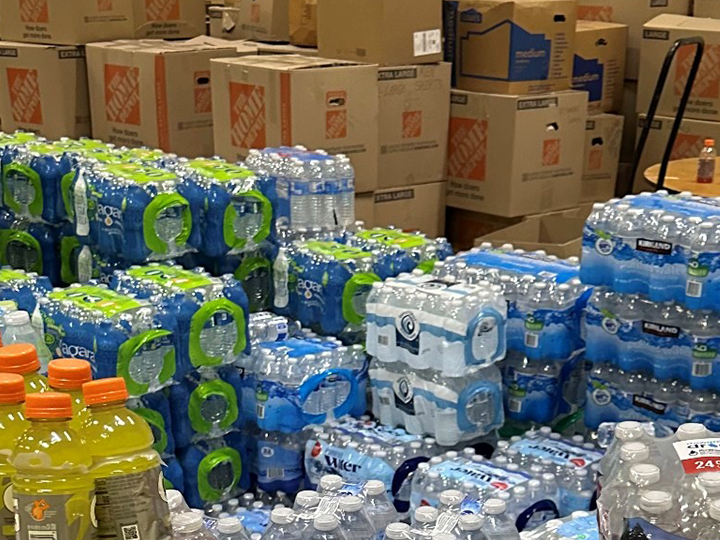 water bottles at donation center